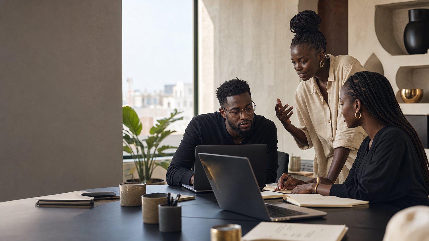 Équipe éditoriale sénégalaise préparant des analyses sur la technologie et les entreprises