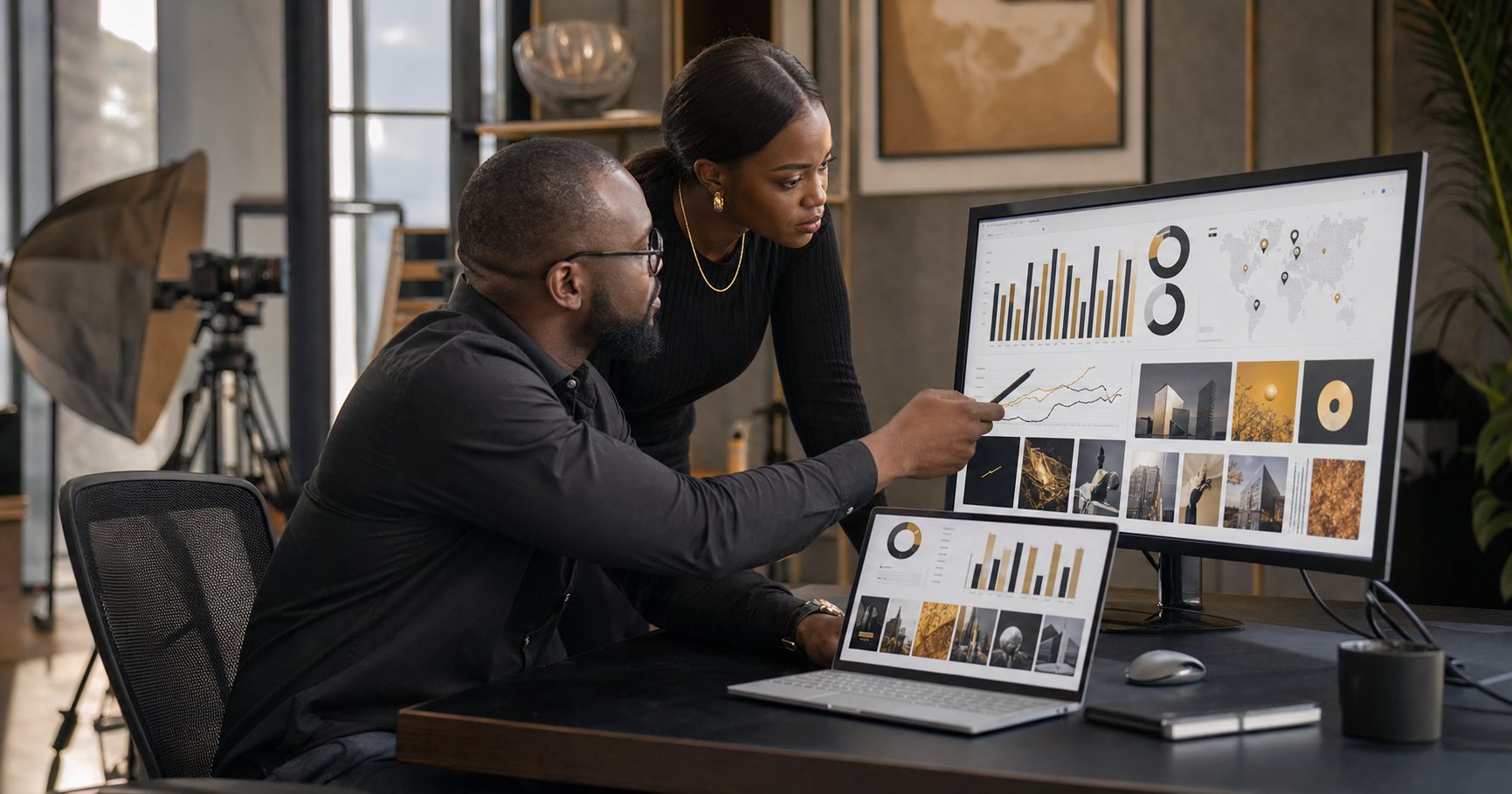 Entrepreneure sénégalaise analysant ses résultats digitaux
